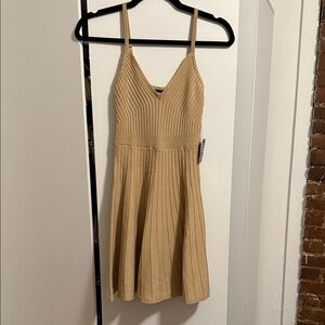 Express Ribbed V-Neck Fit and Flare Dress in Camel